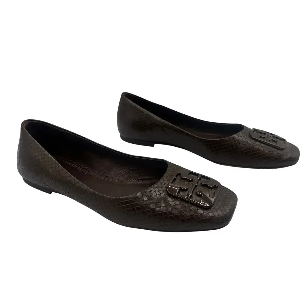 Tory Burch Ballet Flats Shoes Georgia Snakeskin Slip On Chocolate Brown Sz 6.5M